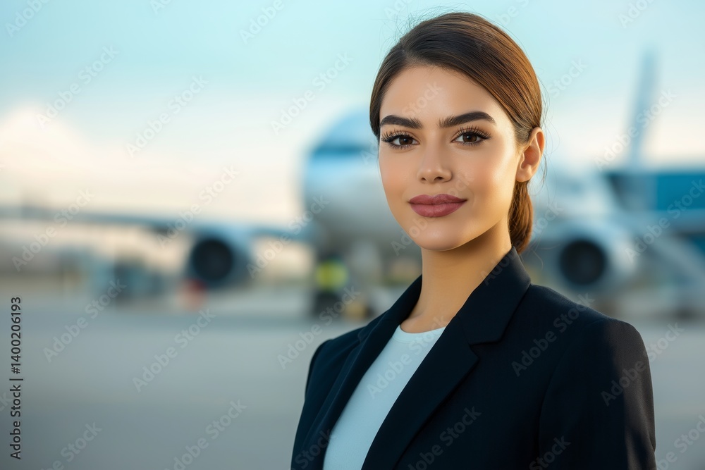 Smiling flight attendant stands by plane entrance, prepared to welcome passengers. Slightly blurred runway and ground crew in background. Concept of warm service and smooth air travel experience.