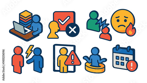Isometric flat vector set of icons of team challenges: workload icon, blocked task, miscommunication, burnout emoji, clash icon, delay alert, stuck status, missed deadline. isolated transparent