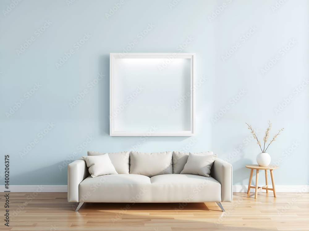 Horizontal frame mockup in elegant living room, ideal for showcasing artwork or design presentations. Generative AI