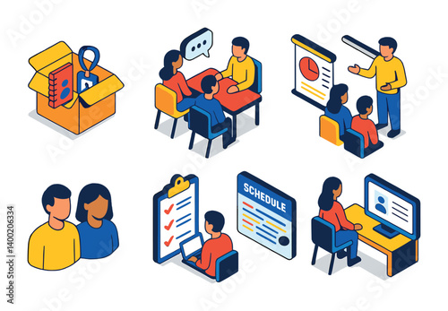 Isometric flat vector set of icons of HR teams: recruitment icon, resume review, onboarding flow, diversity team, payroll form, employee file, benefits chart, team culture. isolated transparent