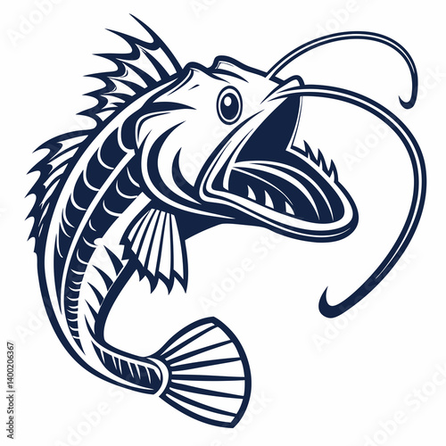 Black and White Anglerfish Vector Graphic - Fish Illustration with Open Mouth and Barbels