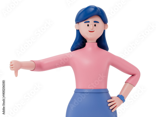 A woman gives a thumbs down, symbolizing disapproval or rejection. 3D rendering, conceptual image. Isolated on white background.