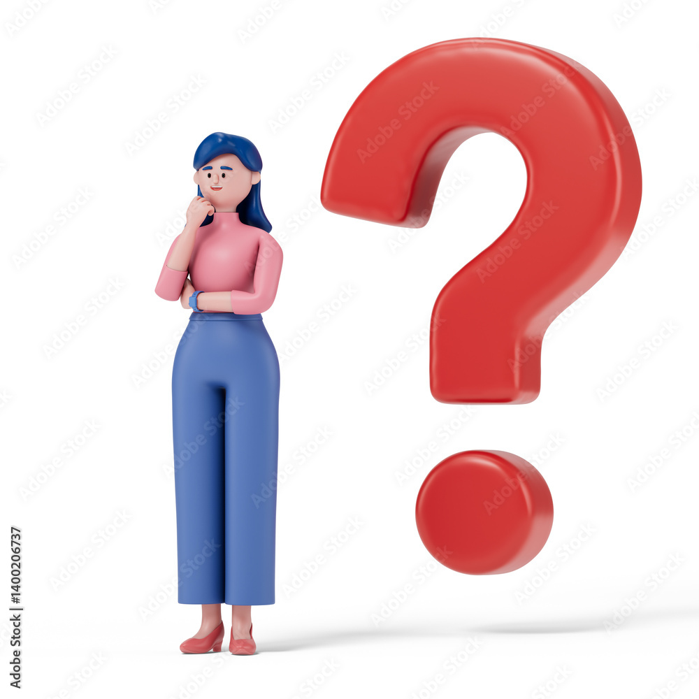 A woman contemplates next to a large question mark, symbolizing confusion or contemplation. 3D rendering, conceptual image. Isolated on white background. A woman contemplates next to a large question mark, symbolizing confusion or contemplation. 3D rendering, conceptual image. Isolated on white background.