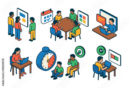 Isometric flat vector set of icons of team habits: daily stand-up, weekly check-in, sprint planning, async status, deep work, break timer, focus sessions, routine chart. isolated transparent