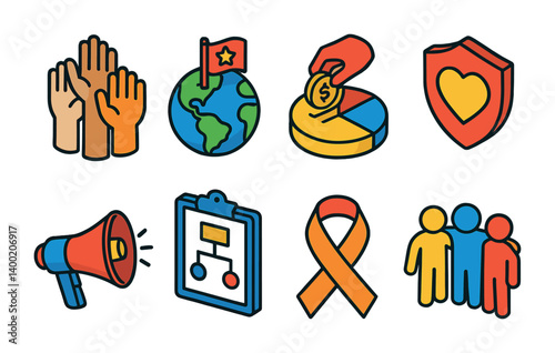 Isometric flat vector set of icons of nonprofit teams: volunteer hands, mission icon, donation chart, cause badge, outreach icon, campaign plan, awareness ribbon, group support. isolated transparent