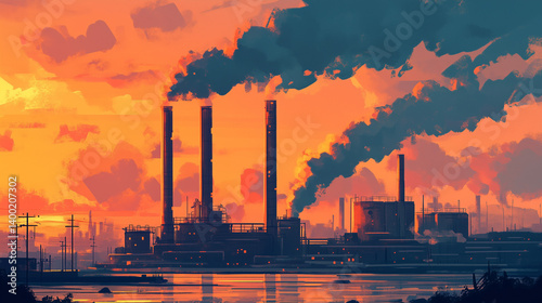 Industrial Factory Emitting Smoke at Sunset - Environmental Impact
