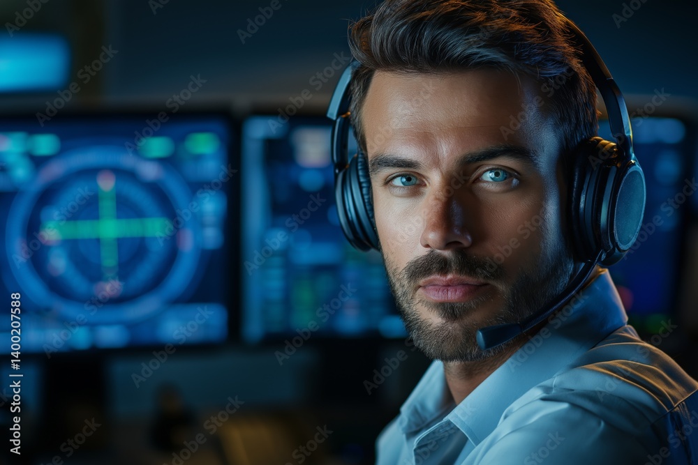Attractive male air traffic controller with headphones in front of a blurred high-tech control center. Represents modern aviation, flight coordination, and aerospace technology.