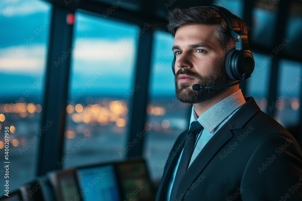 Confident air traffic controller in professional headphones, standing in modern control tower with softly blurred background of large windows and airport runways. Concept of aviation expertise.