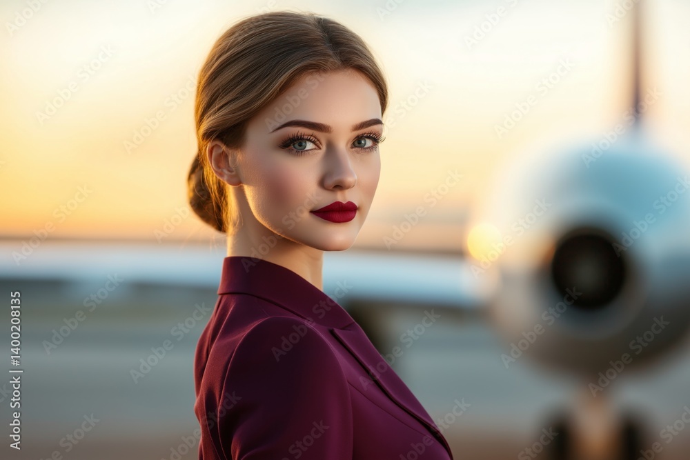 Stylish flight attendant with gathered blonde hair in burgundy uniform stands confidently near plane against slightly blurred airport background. Concept of service, and aviation professionalism.