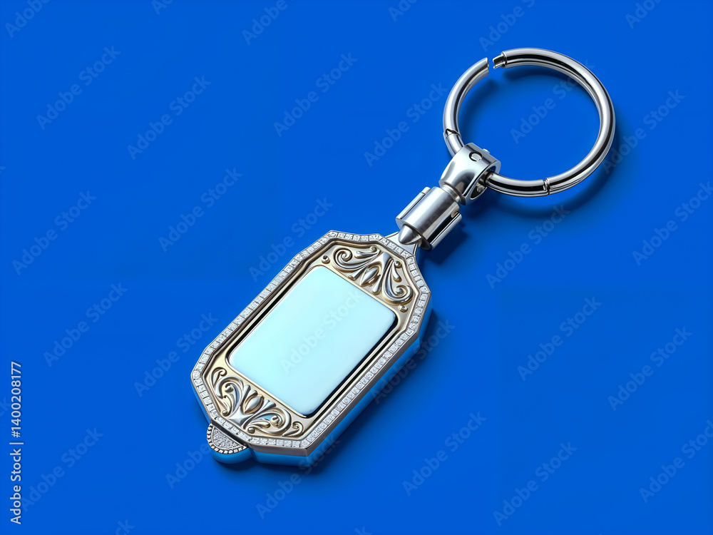 Elegant vintage keychain with frame isolated on blue background, perfect for mockups and branding. Generative AI