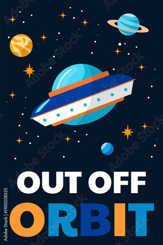 Poster with a flying saucer, planet and stars for children rooms