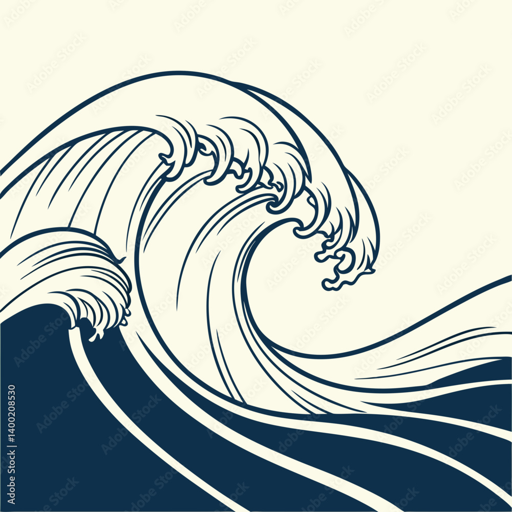 Fototapeta premium Dramatic Ukiyo-e Japanese Wave Blue Vector Line Art