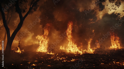 Massive Wildfire Spreading Across a Dense Forest with Flames and Smoke