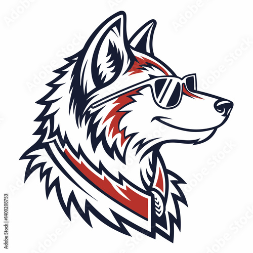 Cool Wolf Cartoon Mascot Sunglasses Vector Graphic Illustration Side Profile Red Blue Stylized Animal Design Image