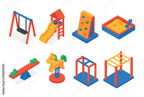 Isometric flat vector set of icons of community maps: neighborhood pin, school zone, playground marker, community center, local business, nearby friend, event area, public space. isolated transparent