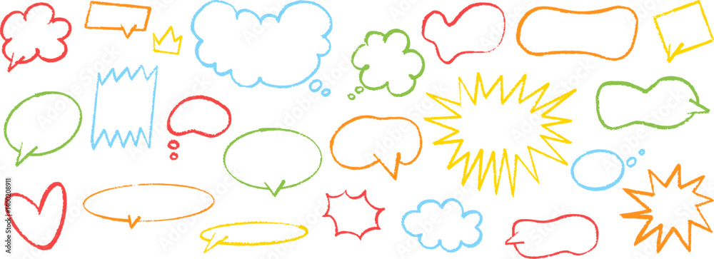 Set of colorful hand drawn speech bubbles and comic elements. Ideal for kids, comics, chat, fun design, or playful decoration on transparent background. Vector EPS 10