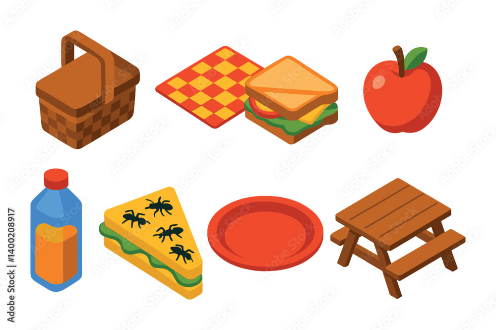 Glowing 3d picnic icons set: basket, sandwich, apple, juice, picnic table Glowing 3d picnic icons set: basket, sandwich, apple, juice, picnic table