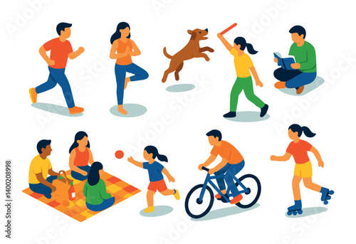 3d icon set: family outdoor activities – biking, yoga, running, dog play & more