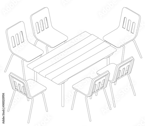 A drawing of a table with six chairs around it. The chairs are all lined up in a row, with the first chair on the left and the last one on the right. The table is the central focus of the image