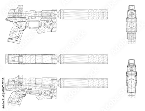 A gun is shown in different views. The gun is a handgun with a silencer. The gun is shown in a black and white drawing