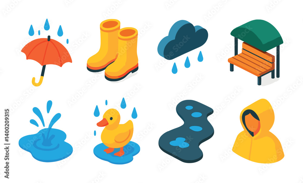 Isometric flat vector set of icons of rainy park day: umbrella with raindrops, puddle splash, rain boots, overcast sky, duck in rain, covered bench, wet path, poncho icon. . , icons isolated Isometric flat vector set of icons of rainy park day: umbrella with raindrops, puddle splash, rain boots, overcast sky, duck in rain, covered bench, wet path, poncho icon. . , icons isolated