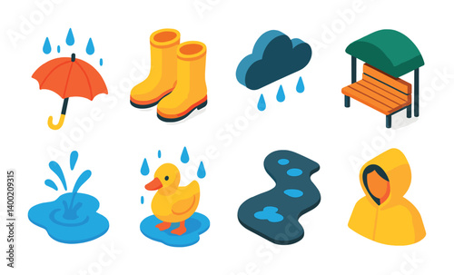 Isometric flat vector set of icons of rainy park day: umbrella with raindrops, puddle splash, rain boots, overcast sky, duck in rain, covered bench, wet path, poncho icon. . , icons isolated