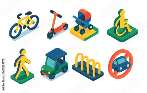 Isometric flat vector set of icons of park transportation: bike icon, scooter, stroller path, wheelchair access, pedestrian icon, electric cart, bike rack, car-free zone. isolated transparent