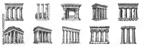 Ancient Greek And Roman Architectural Columns Illustration Set In Vintage Style. Historical Architecture And Classical Design Elements In Hand Drawn Sketch Style. Isolated Vector Illustration