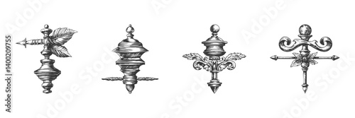 Ornate Vintage Finial And Weather Vane Illustration Set. Decorative Architectural Elements In Hand Drawn Sketch Style. Isolated Vector Illustration