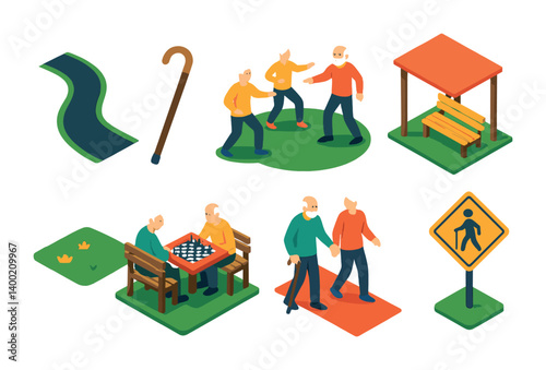 Isometric flat vector set of icons of park for seniors: smooth path, walking cane, senior bench, tai chi group, shaded rest zone, chess table, quiet lawn, slow walk sign. isolated transparent