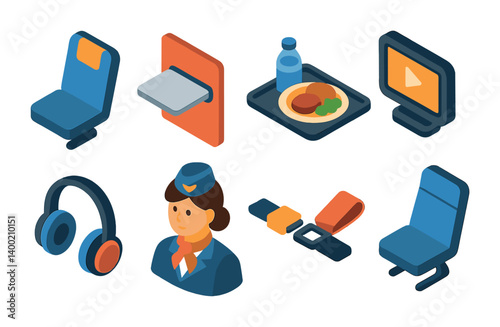 Isometric flat vector set of icons of in-flight services: seat icon, tray table, in-flight meal, entertainment screen, headphones, flight attendant, seatbelt icon, reclining seat. isolated