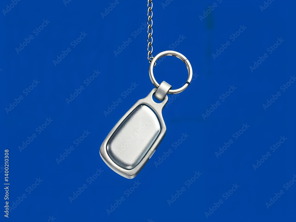 Hanging keychain with silver frame on solid blue background, great for identity and branding mockups. Generative AI
