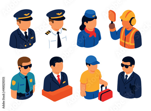 Isometric flat vector set of icons of airline staff: pilot, co-pilot, flight attendant, ground crew, security staff, ticket agent, baggage handler, air marshal. isolated transparent background.