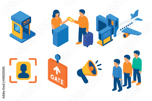 Isometric flat vector set of icons of travel and globe: airplane over globe, passport with globe, destination pin, location globe, suitcase icon, travel path, boarding pass, international flight.