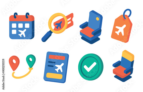 Isometric flat vector set of icons of flight booking: flight calendar, search ticket, seat selection, price tag, flight duration, booking form, confirmation icon, travel class. . , icons isolated