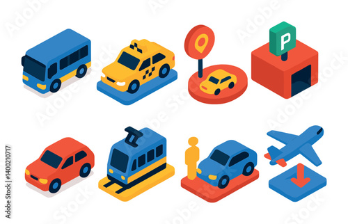 Isometric flat vector set of icons of airport transportation: shuttle bus, taxi stand, ride share icon, parking garage, rental car, train connection, pickup zone, drop-off icon. . , icons isolated