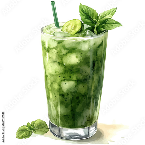 Sugarcane Juice, vector watercolor illustration, isolated on a white background.