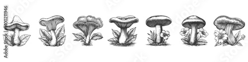 Vintage Mushroom Illustration Set Featuring Various Fungi Types. Botanical And Natural Elements In Hand Drawn Sketch Style. Isolated Vector Illustration