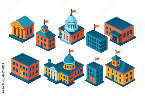 Isometric flat vector set of icons of government buildings: courthouse, city hall, state capitol, embassy, tax office, parliament building, government agency, mayor’s office. isolated transparent