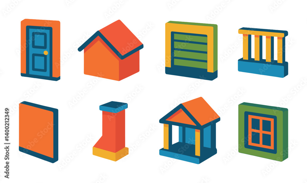 Isometric flat vector set of icons of modern buildings: glass skyscraper, smart house, modular home, cube building, eco-friendly tower, icons in a modern, minimalist design. Use bold, vibrant, and