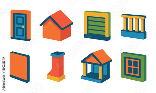 Isometric flat vector set of icons of modern buildings: glass skyscraper, smart house, modular home, cube building, eco-friendly tower, icons in a modern, minimalist design. Use bold, vibrant, and