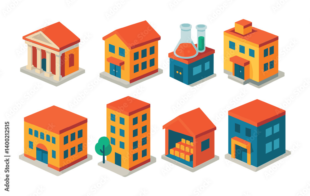 Isometric flat vector set of icons of educational institutions: university hall, classroom building, lab wing, admin office, student center, dormitory, lecture theatre, library entrance. isolated Isometric flat vector set of icons of educational institutions: university hall, classroom building, lab wing, admin office, student center, dormitory, lecture theatre, library entrance. isolated