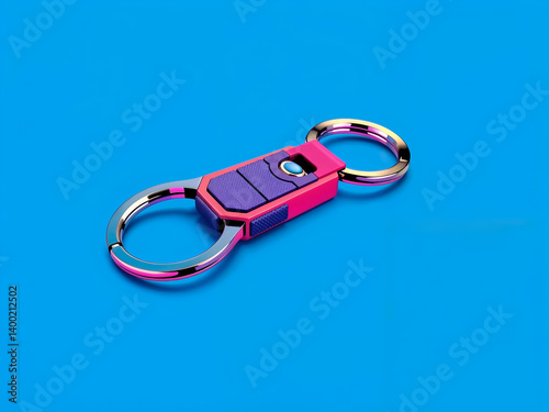 Obraz na płótnie Colorful modern keychain with unique shape on blue background, great for promotional mockup displays. Generative AI w salonie