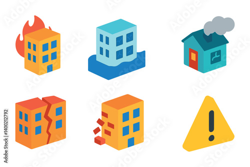 Isometric flat vector set of icons of emergency zones: hazard zone, fire area, flood zone, safe zone, restricted area, warning icon, red marker, disaster map. isolated transparent background.