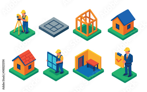Isometric flat vector set of icons of building process stages: site survey, foundation laid, framing stage, exterior cladding, roofing phase, window install, interior build, inspection stage. . ,