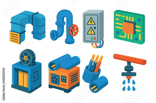 Isometric flat vector set of icons of urban fire events: burning building, city smoke, alarm system, rooftop fire, emergency block, hydrant use, urban evacuation, skyline flame. isolated transparent