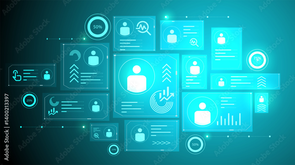 Glowing interface with user icons, progress charts, and analytics panels visualizing personal data integration in digital business environment. Vector illustration. Concept of stock market, finances