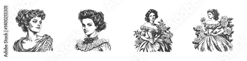 Vintage Victorian Women Portraits Illustration Set In Hand Drawn Sketch Style. Elegance And Historical Fashion Depicted In Isolated Vector Illustration