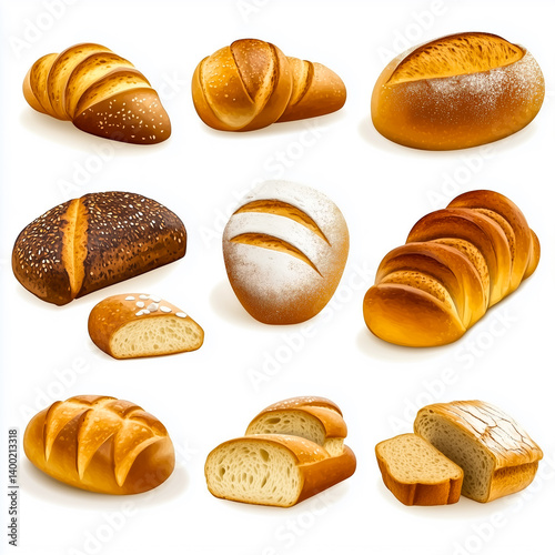 A collection of various bread types, showcasing their unique shapes and textures. Perfect for food enthusiasts and culinary projects. photo