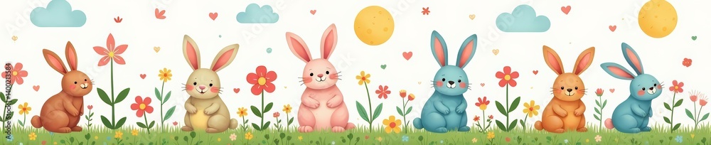 Obraz premium Whimsical repeat design of adorable bunnies and colorful flowers, nature, animals, Easter